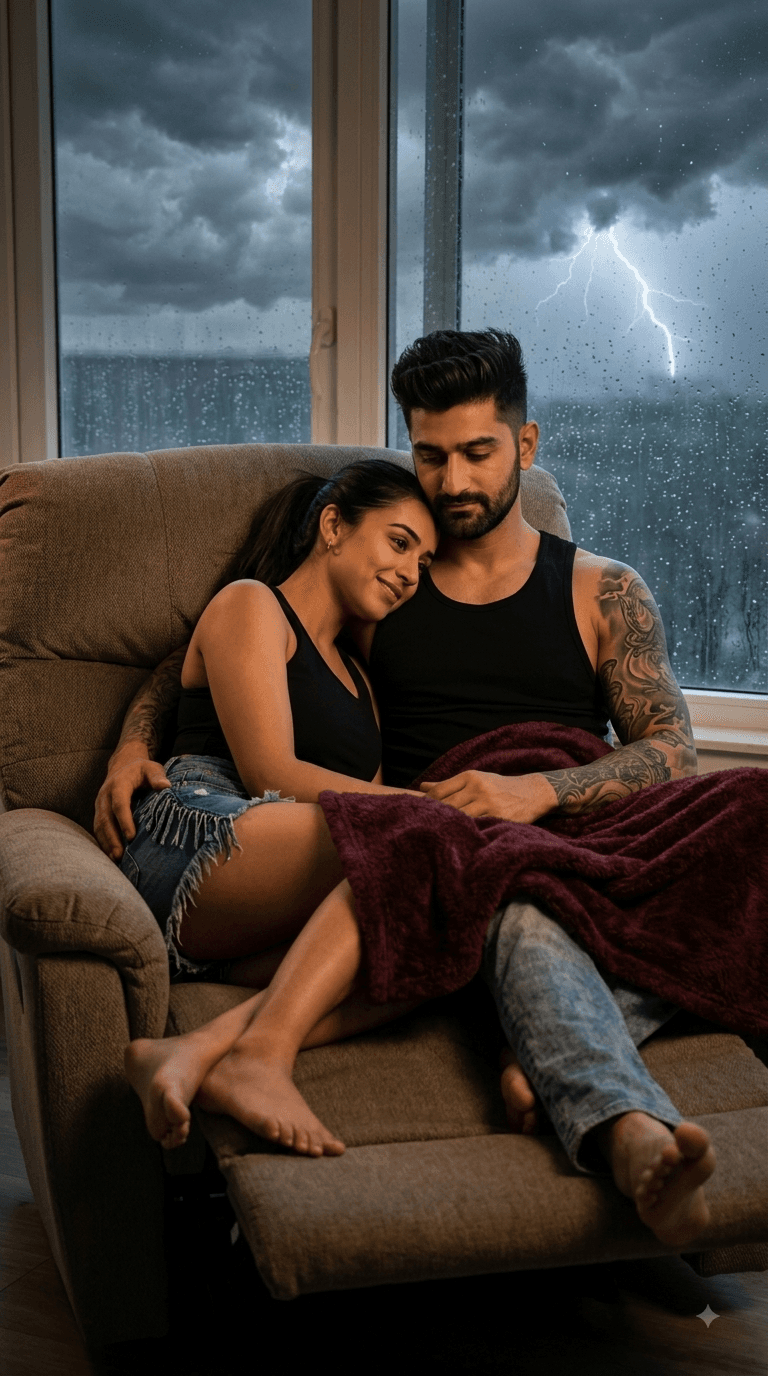 Cozy Romantic Couple Prompt - Rainy Day Recliner AI Portrait Generator — AI prompt result