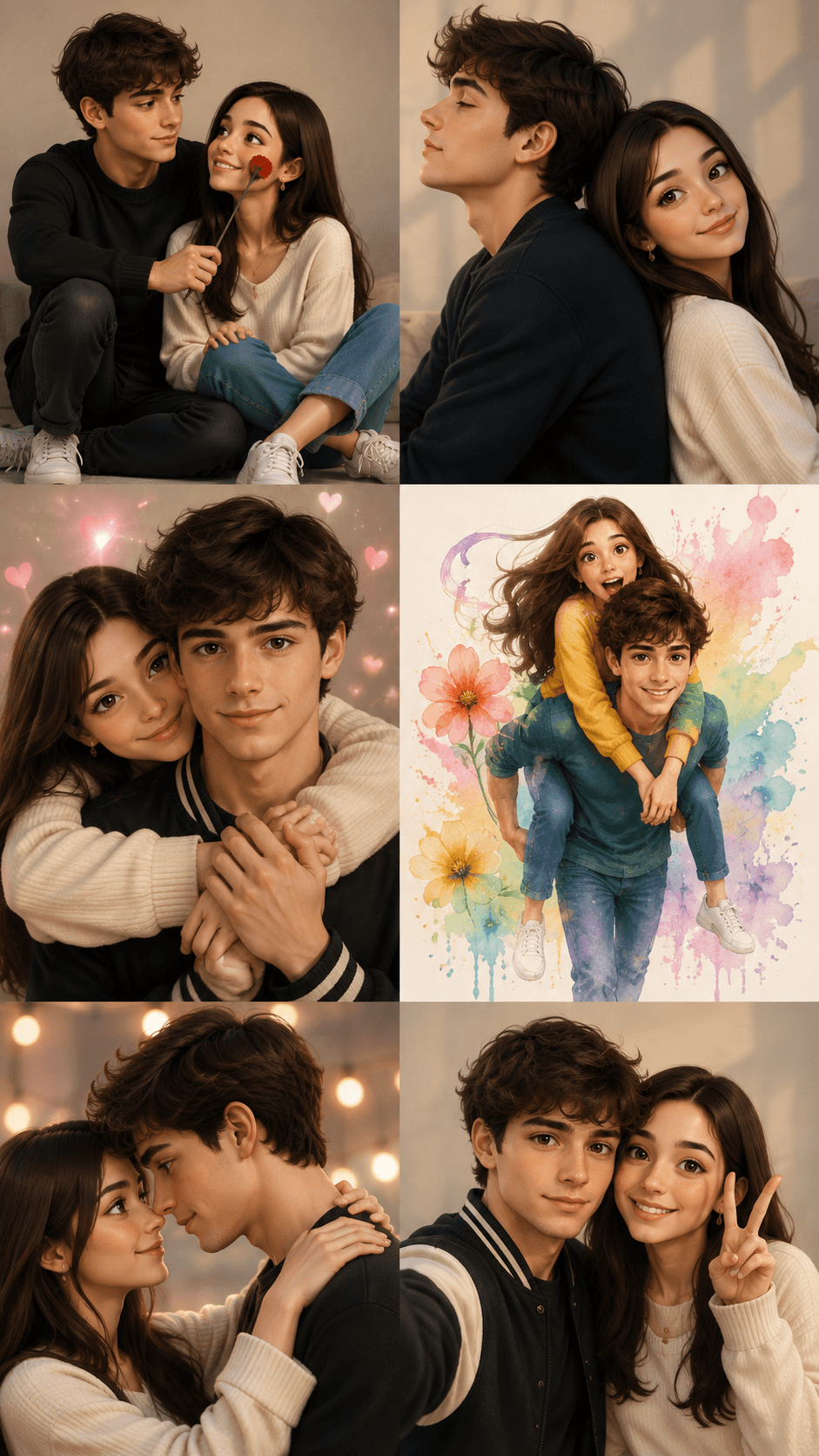 3D Romantic Couple Collage Prompt – 6-Panel Anime Style Wallpaper (9:16) — AI prompt result