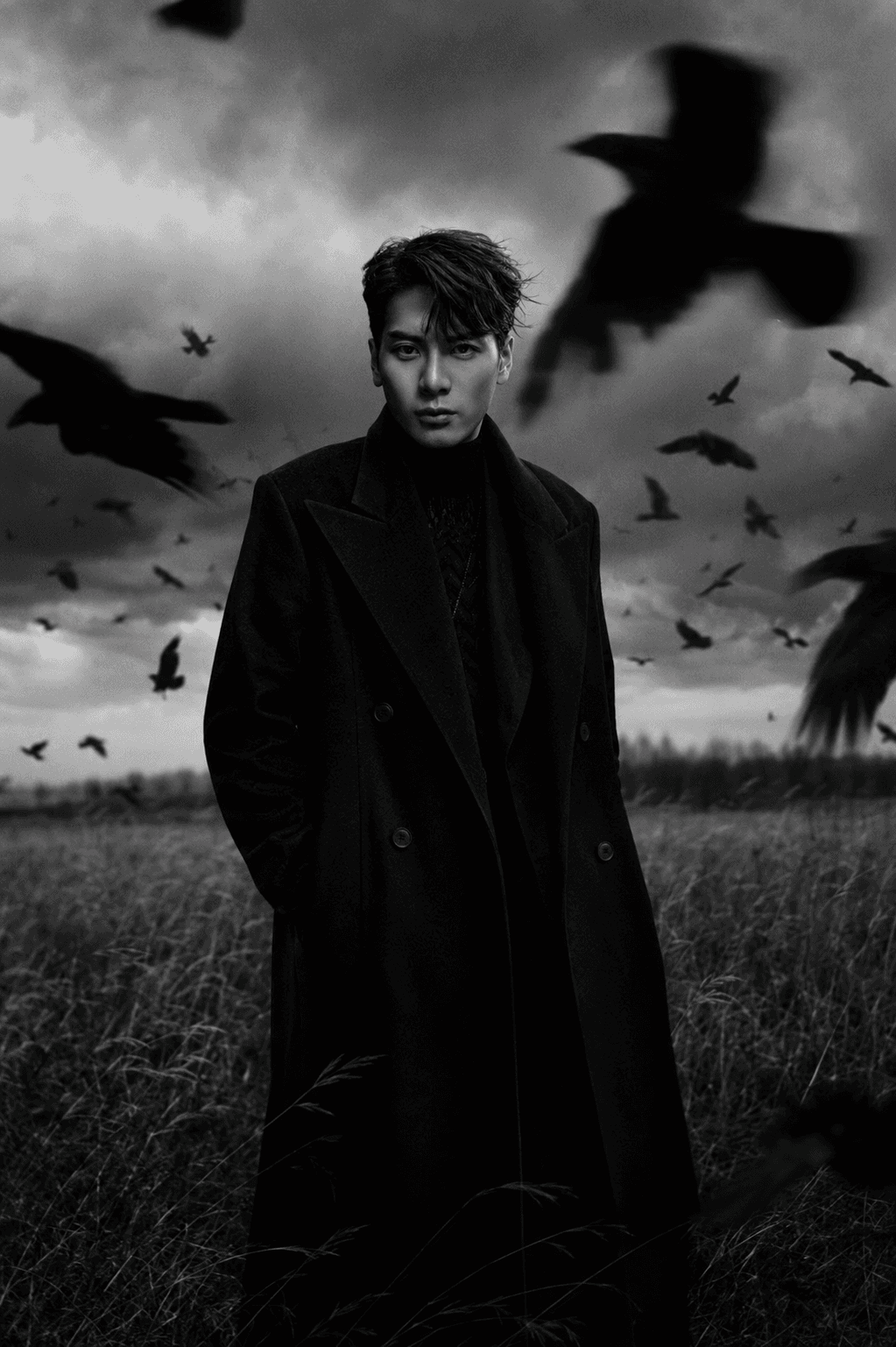 Dark Gothic Crow Portrait AI Prompt | Cinematic Black & White Photography — AI prompt result