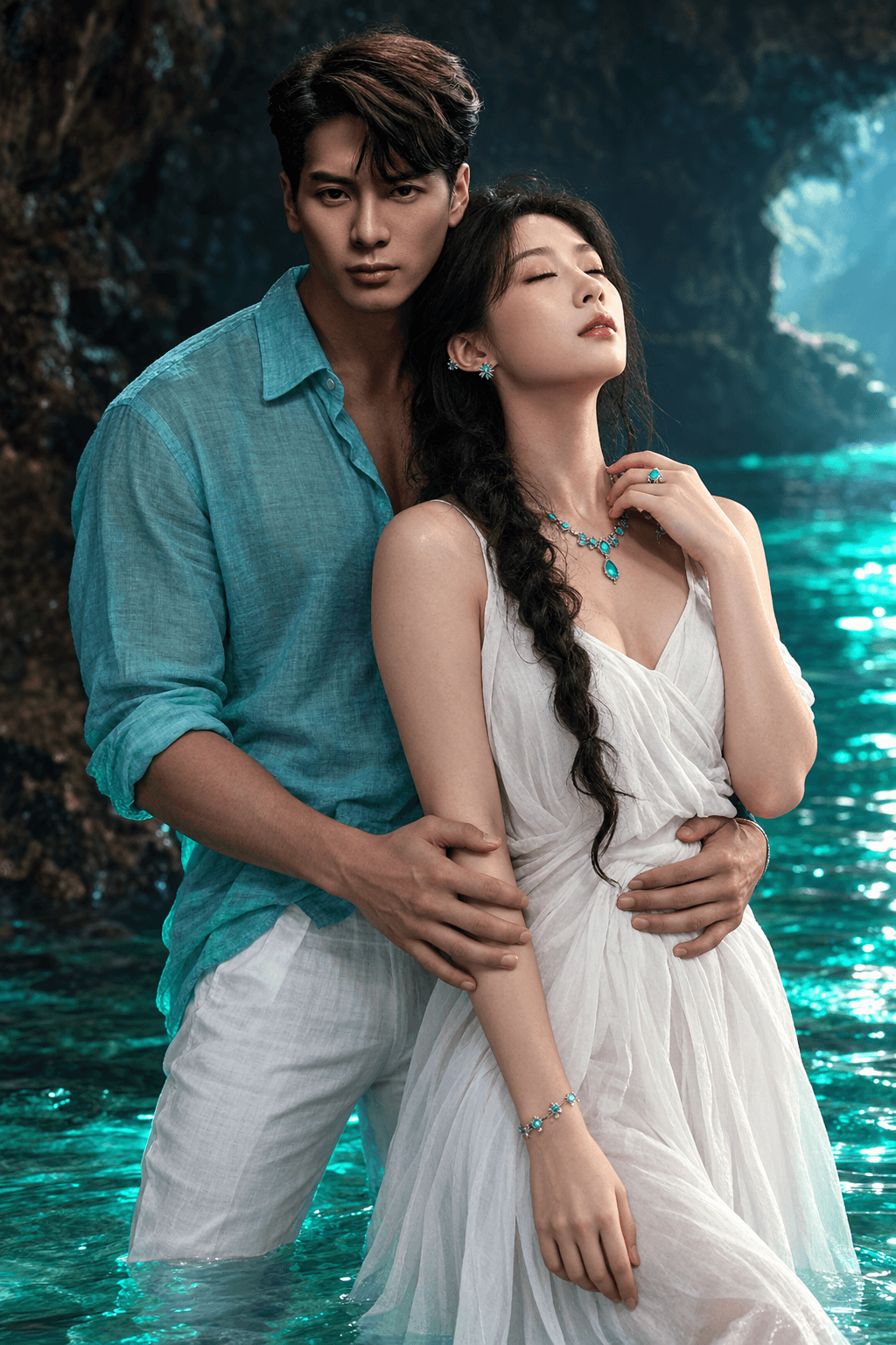 Romantic Couple AI Image Prompt | Cinematic Sea Cave — AI prompt preview 3 of 4