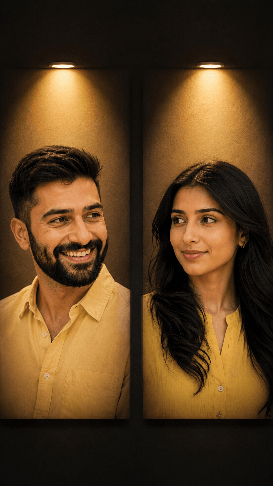 Create a cinematic romantic couple portrait with this premium AI image prompt. Designed for Midjourney, ChatGPT, DALL·E, and other AI image generators, this prompt creates a full-body couple walking hand-in-hand into a dramatic warm golden spotlight, surrounded by deep darkness. — AI prompt result