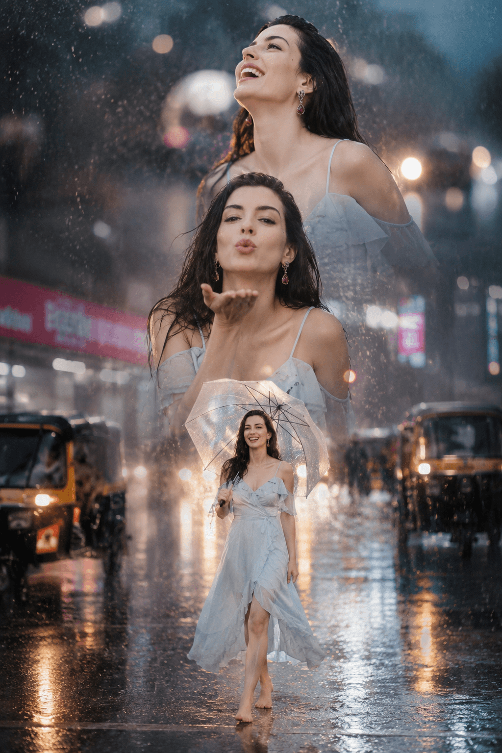 Triple Exposure Monsoon Rain Cinematic Photo Prompt | Realistic AI Portrait Generator — AI prompt result