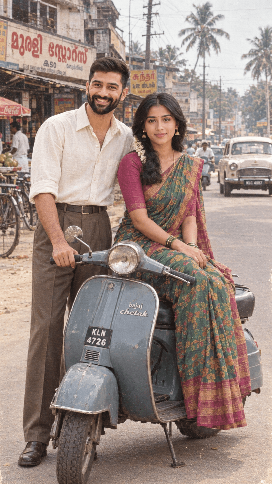 1980s South Indian Couple AI Photo Prompt | Vintage Chetak — AI prompt preview 2 of 4