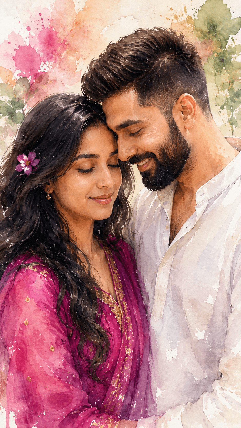 Romantic Watercolor Couple Portrait Prompt | Dreamy AI Art Prompt for Midjourney & DALL·E