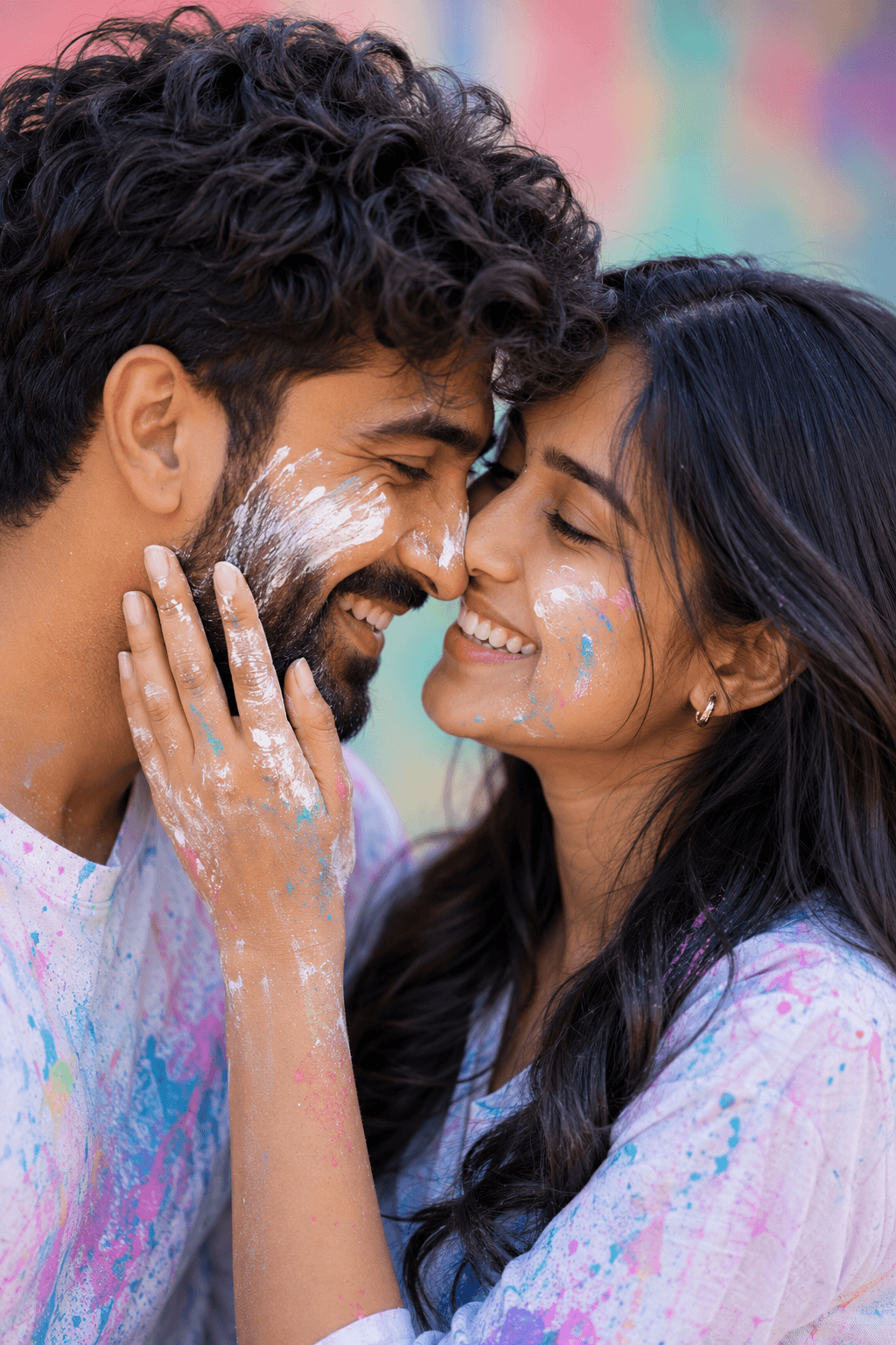 Photorealistic Indian Couple Portrait Prompt | Romantic Paint-Splashed Close-Up | Ultra Realistic 8K AI Photo Prompt