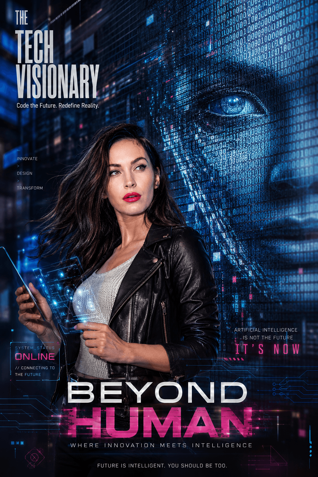 Futuristic AI Tech Visionary Poster Prompt | Cinematic Editorial Cyberpunk AI Image Generator