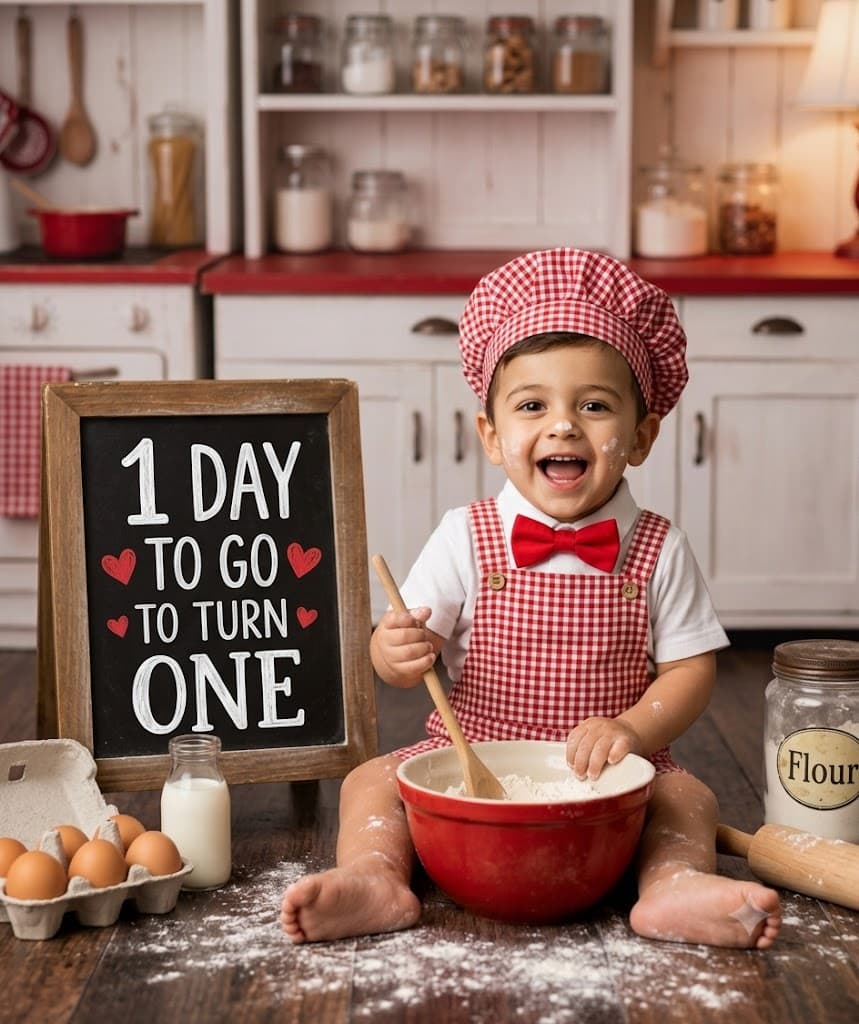 Adorable Baby Boy's 1st Birthday Countdown Stock Photo - Rustic Chef Theme