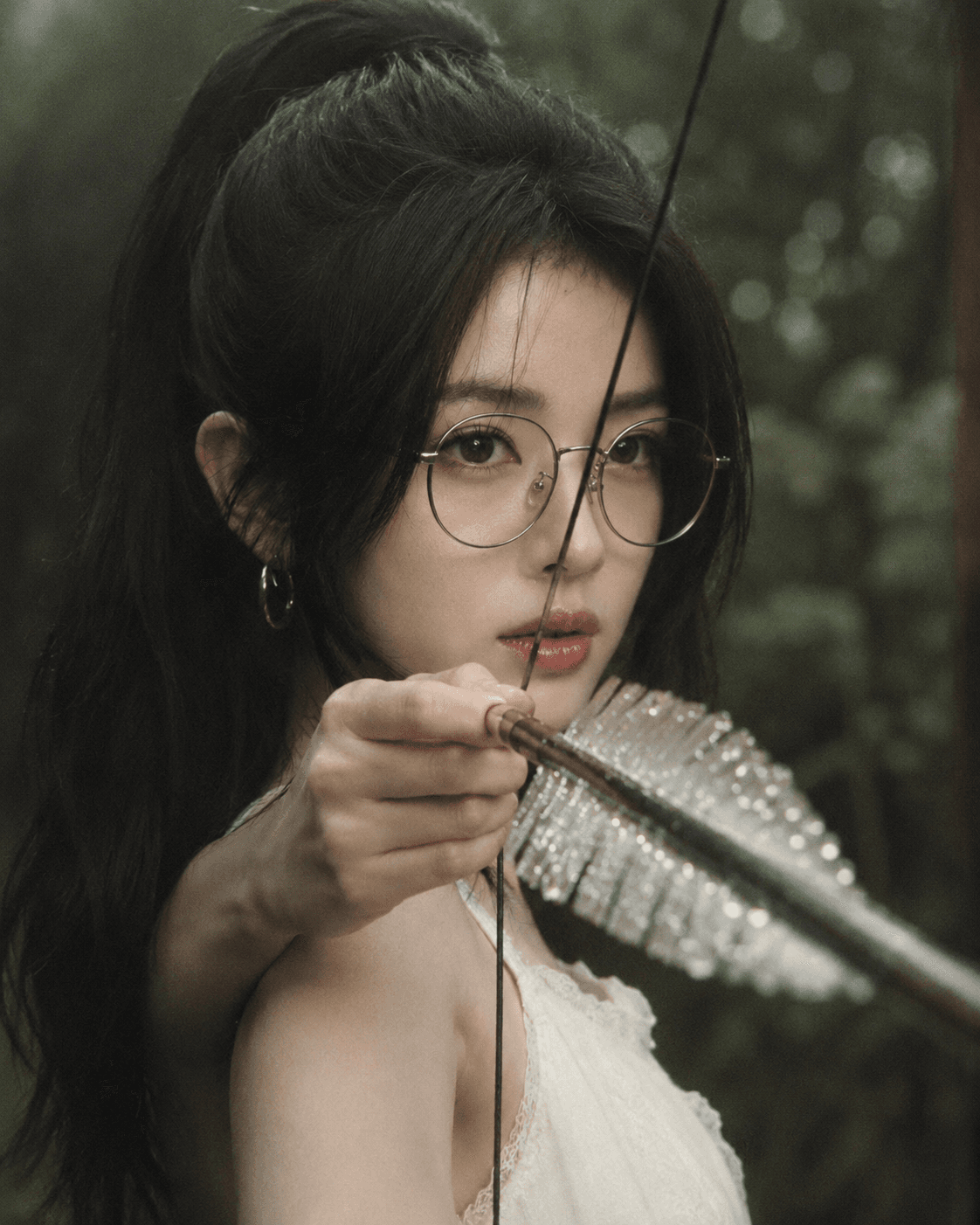 Photorealistic Female Archer Portrait Prompt | Cinematic 35mm Film, Dew Detail, Shallow DOF, AI Image Prompt