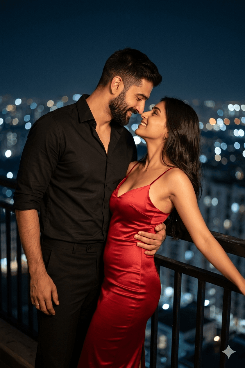 Romantic Book Cover Prompt: Luxury Balcony Date Night (Indian Couple, Cinematic Bokeh)