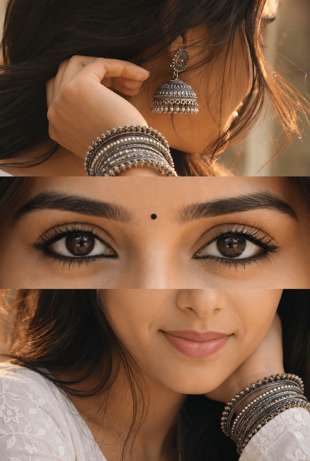 Ultra Realistic 3-Panel Portrait Collage Prompt | Identity-Preserving AI Photo Prompt | DSLR Macro Eyes | Premium Indian Ethnic Jewelry Portrait