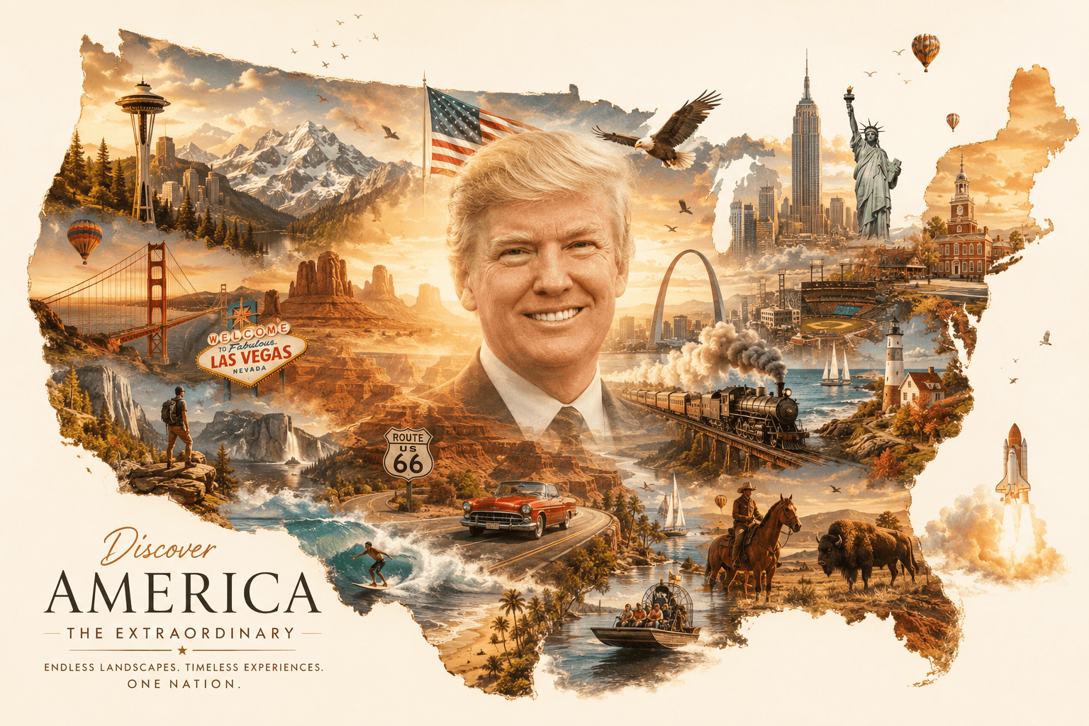 USA Tourism Map Collage AI Prompt | Luxury Travel Poster with Personalized Portrait
