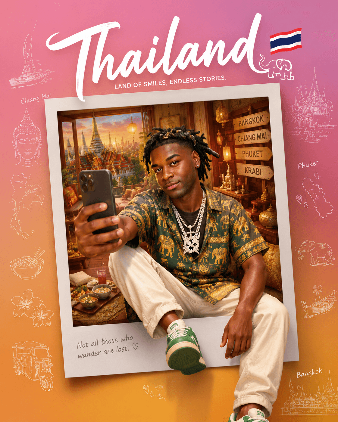 Thailand Travel Poster Prompt | Premium 3D Polaroid Selfie Character AI Art Generator