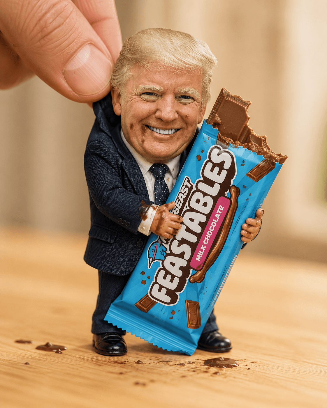 Trump-Inspired Collectible Doll with Feastables Chocolate Bar AI Prompt | Hyper Realistic Miniature Diorama