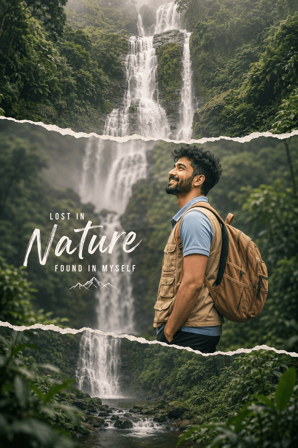 Indian Male Waterfall Travel Poster Prompt | Cinematic Rainforest Torn Paper Photo Collage AI Image Prompt