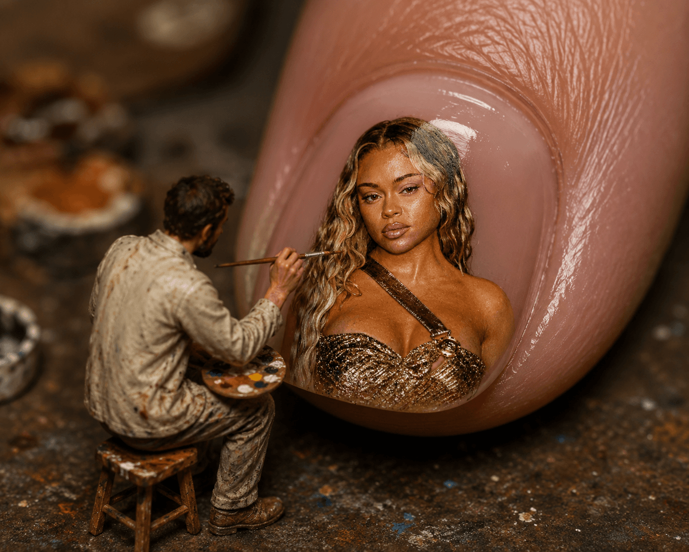 Miniature Artist Painting on Fingernail AI Prompt | Hyper-Realistic Macro Nail Art Scene