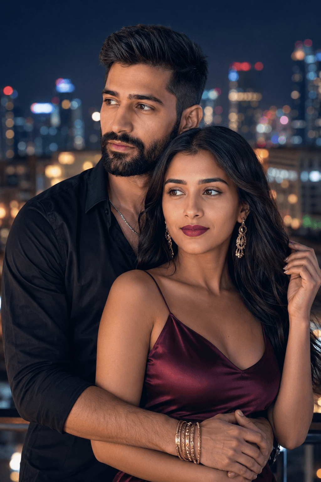 High-Rise Night Life: Romantic Couple in Red Dress & Black Shirt (High-Resolution Stock Image)