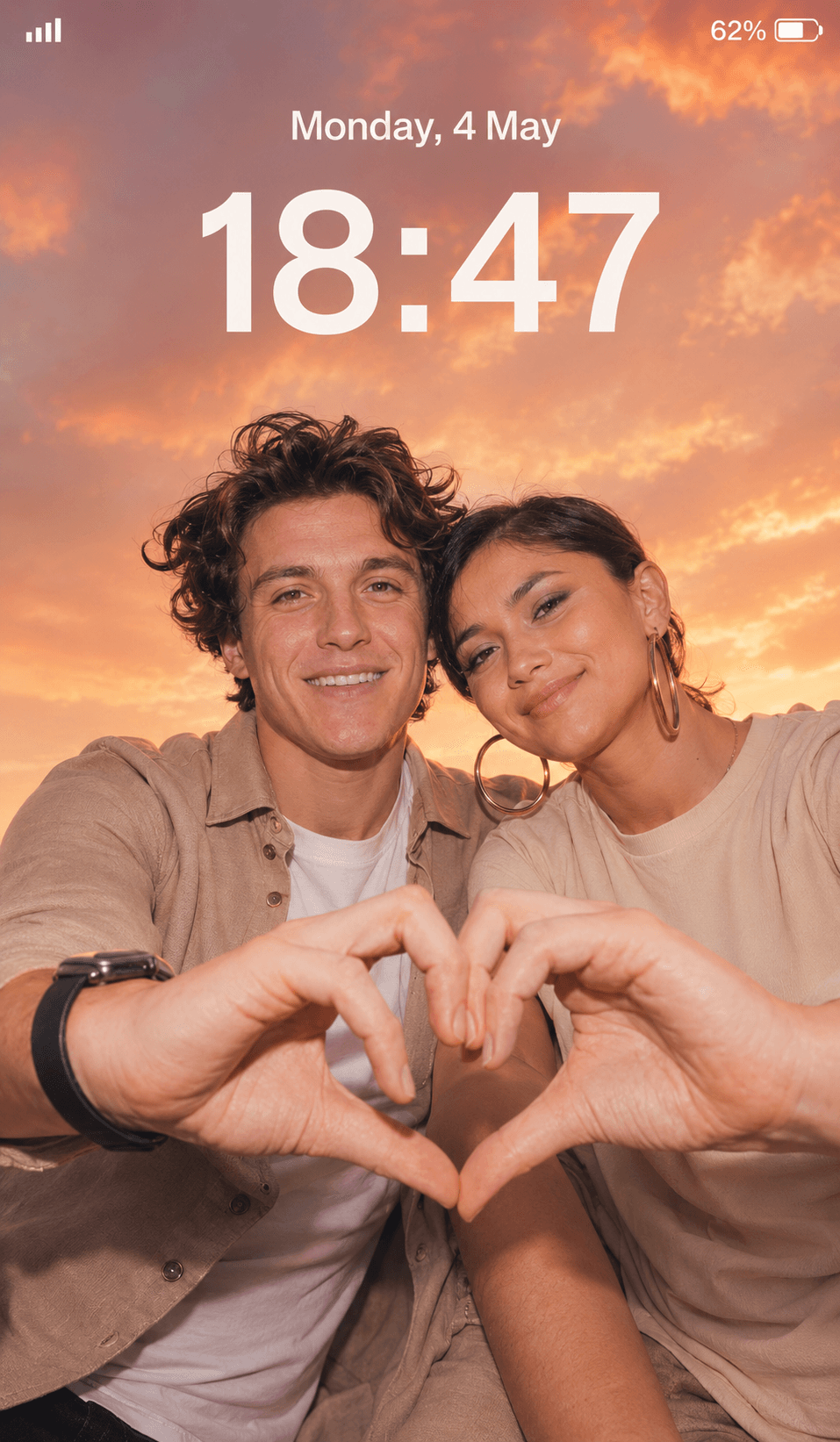 Ultra Realistic Couple Heart Hands Sunset Lockscreen Prompt | Identity Preserved Romantic Selfie Photo