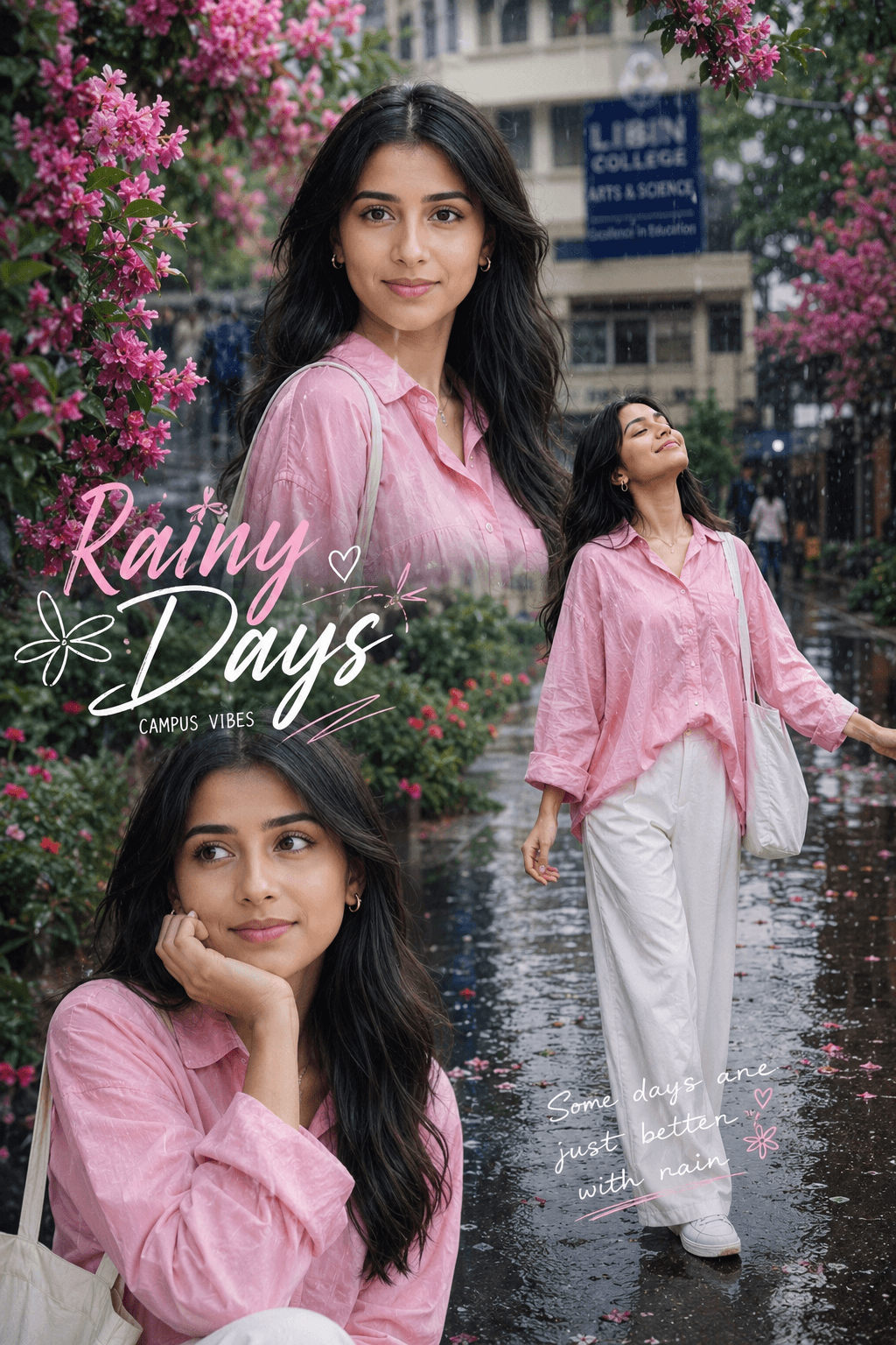 Rainy Season College Girl Portrait Collage Prompt | Cinematic Instagram Poster AI Photo Prompt
