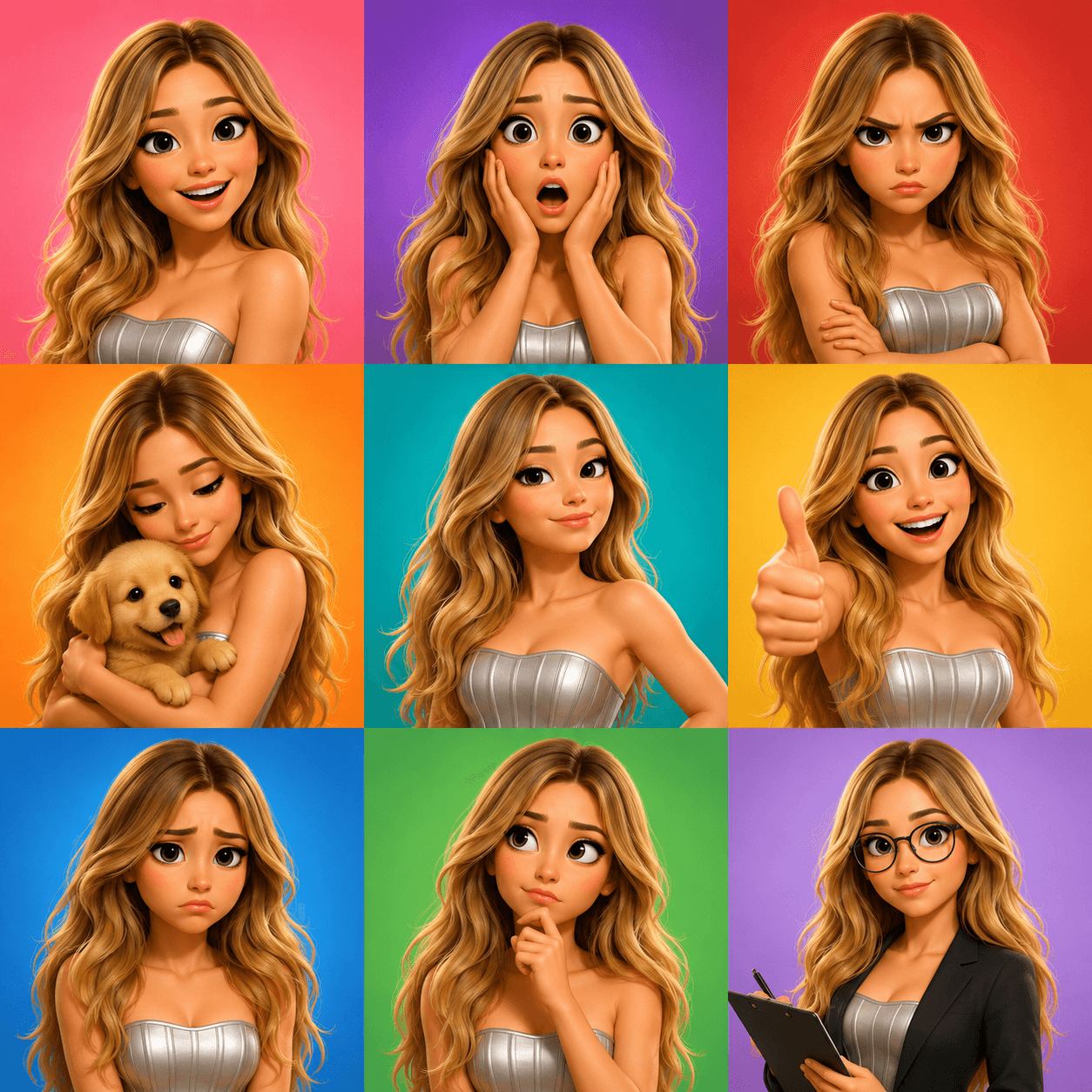 3D Pixar Style Cartoon Avatar Prompt | 9 Emotion Emoji Character Grid | AI Image Generation Prompt for ChatGPT & Midjourney — AI prompt result