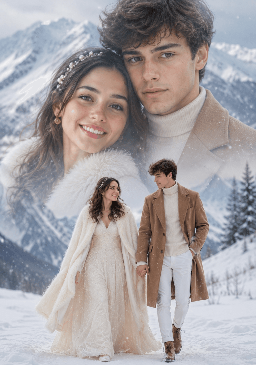 Dreamy Double Exposure Snowy Mountain Couple AI Prompt | Cinematic Winter Portrait preview 1