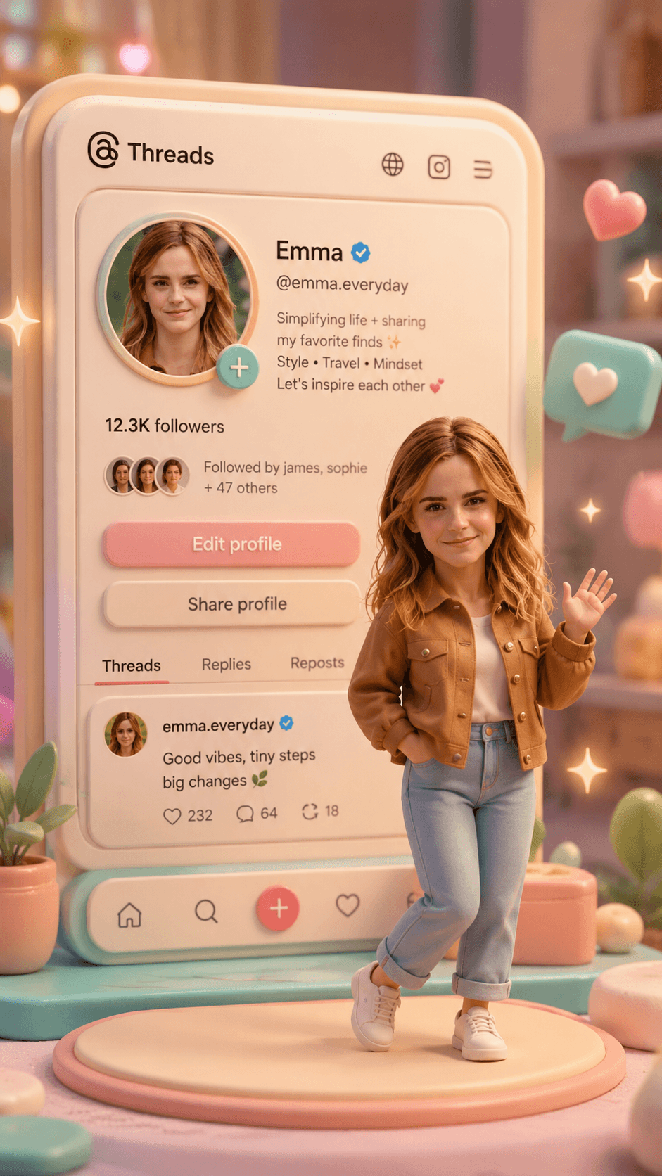 Viral Mini Me Threads Profile AI Video Prompt | 3D Pastel Social Media Diorama