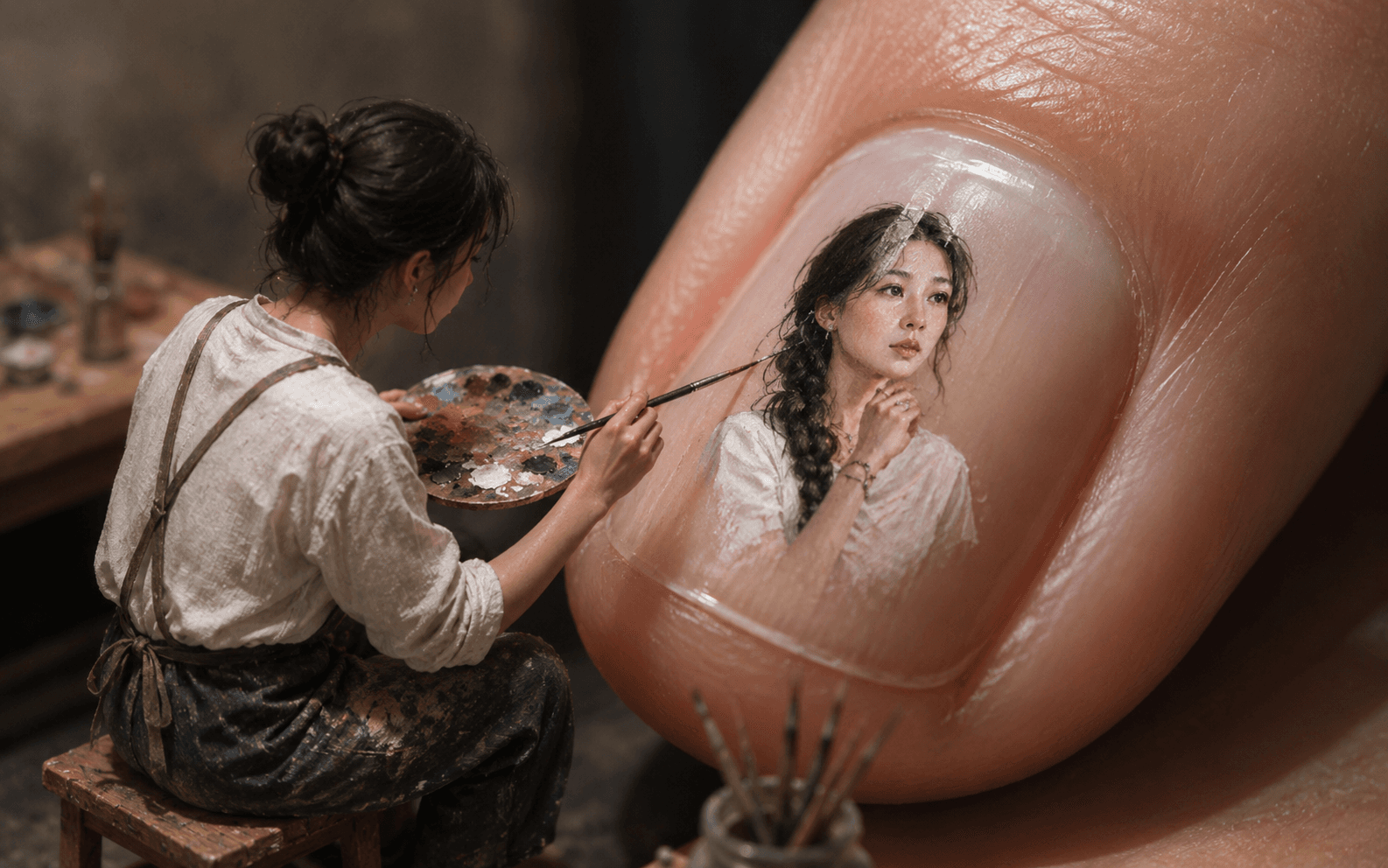Miniature Artist Painting on Fingernail AI Prompt | Hyper-Realistic Macro Art Prompt