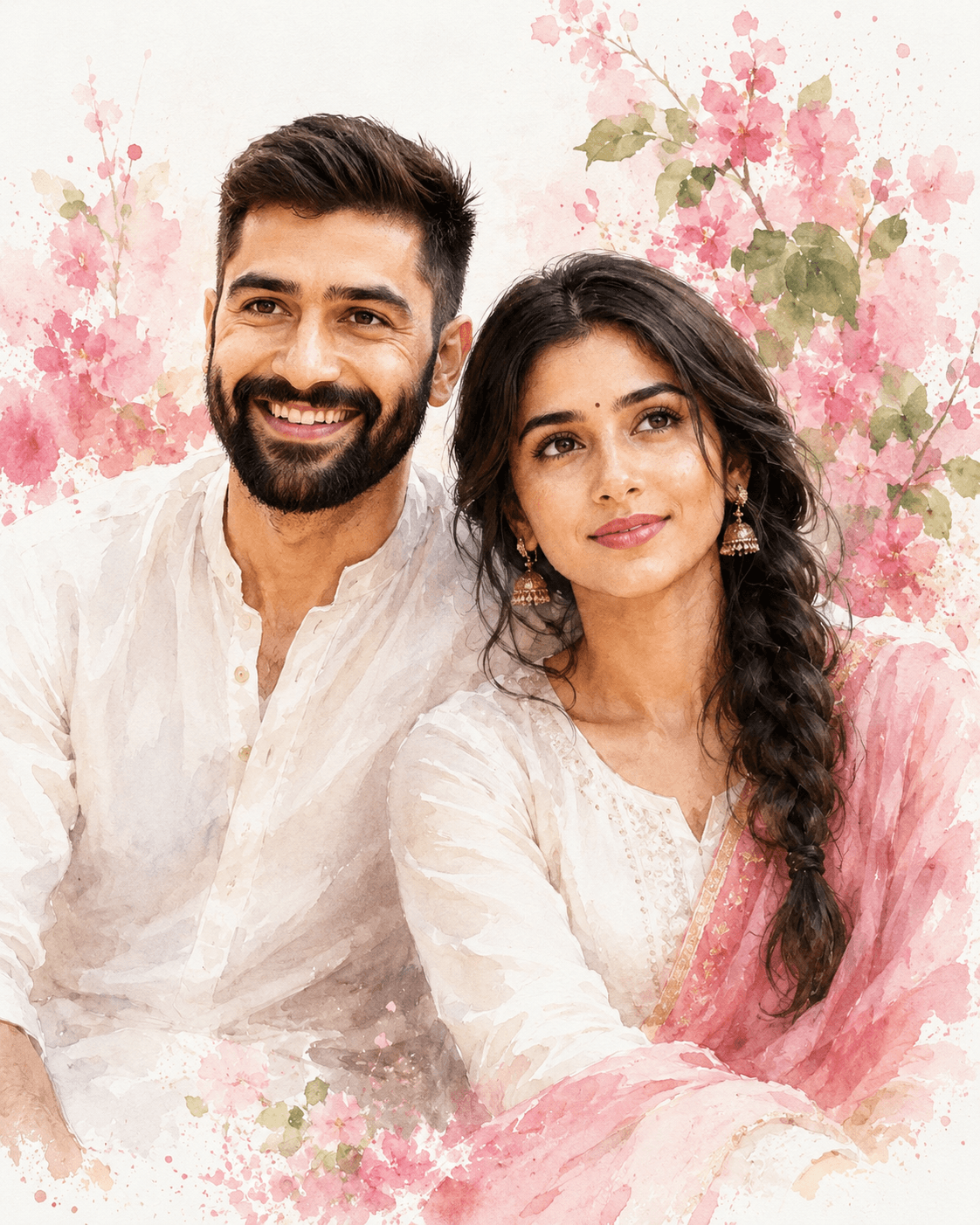 Watercolor Indian Couple Portrait Prompt | Romantic Floral AI Art Prompt for Midjourney & DALL·E
