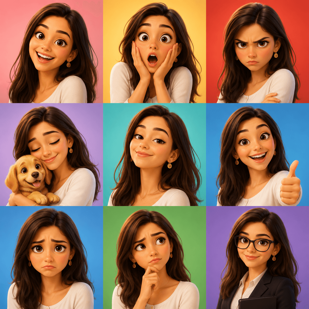 3D Cartoon Avatar Prompt | Pixar Style Character Emotions 3x3 Grid | AI Portrait Prompt for ChatGPT & DALL·E — AI prompt result