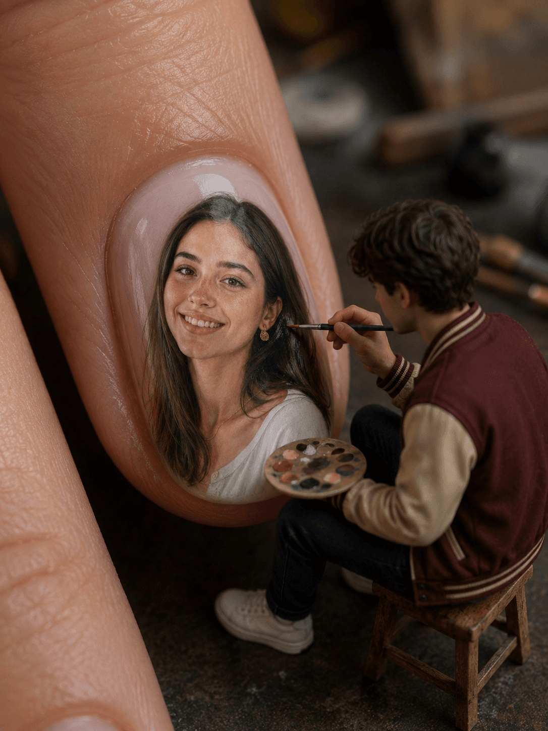Tiny Artist Painting on Fingernail AI Prompt | Hyper-Realistic Miniature Painter Portrait Prompt