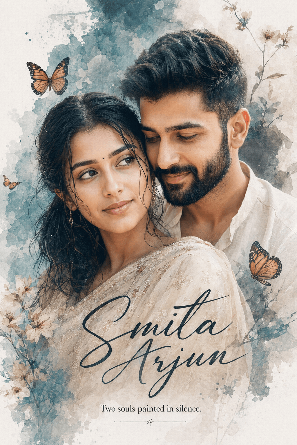 Ultra Aesthetic Romantic South Indian Couple Portrait Prompt | Cinematic Watercolor Double Exposure Book Cover AI Prompt