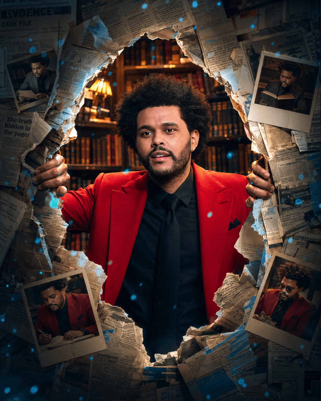 Ultra Realistic Cinematic Portrait Prompt | Newspaper Tear Wall, Library Mystery Scene, Polaroid Storytelling, 8K AI Photo Generation