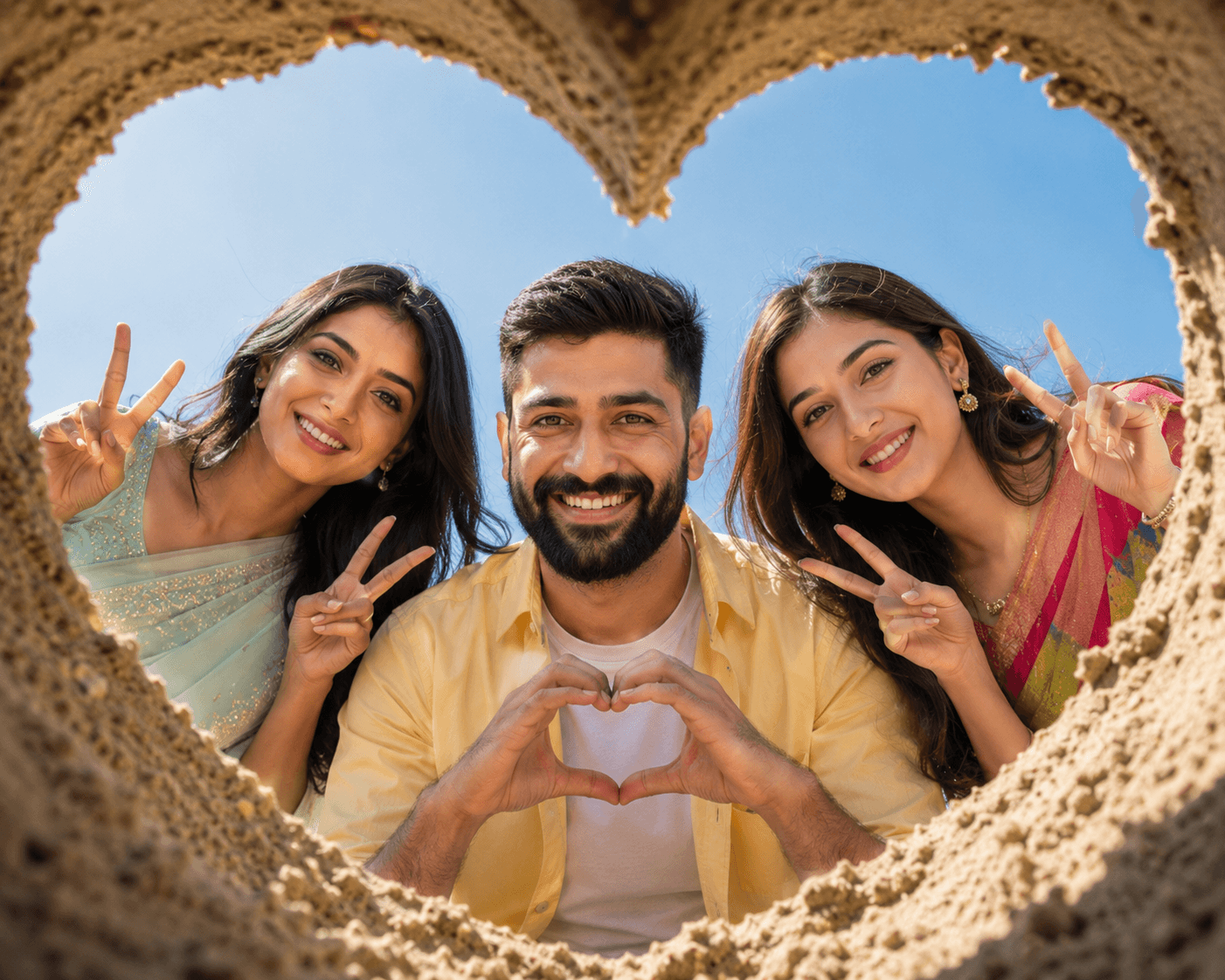Ultra Realistic Beach Heart Frame Friends Photo Prompt | Cinematic DSLR Group Portrait