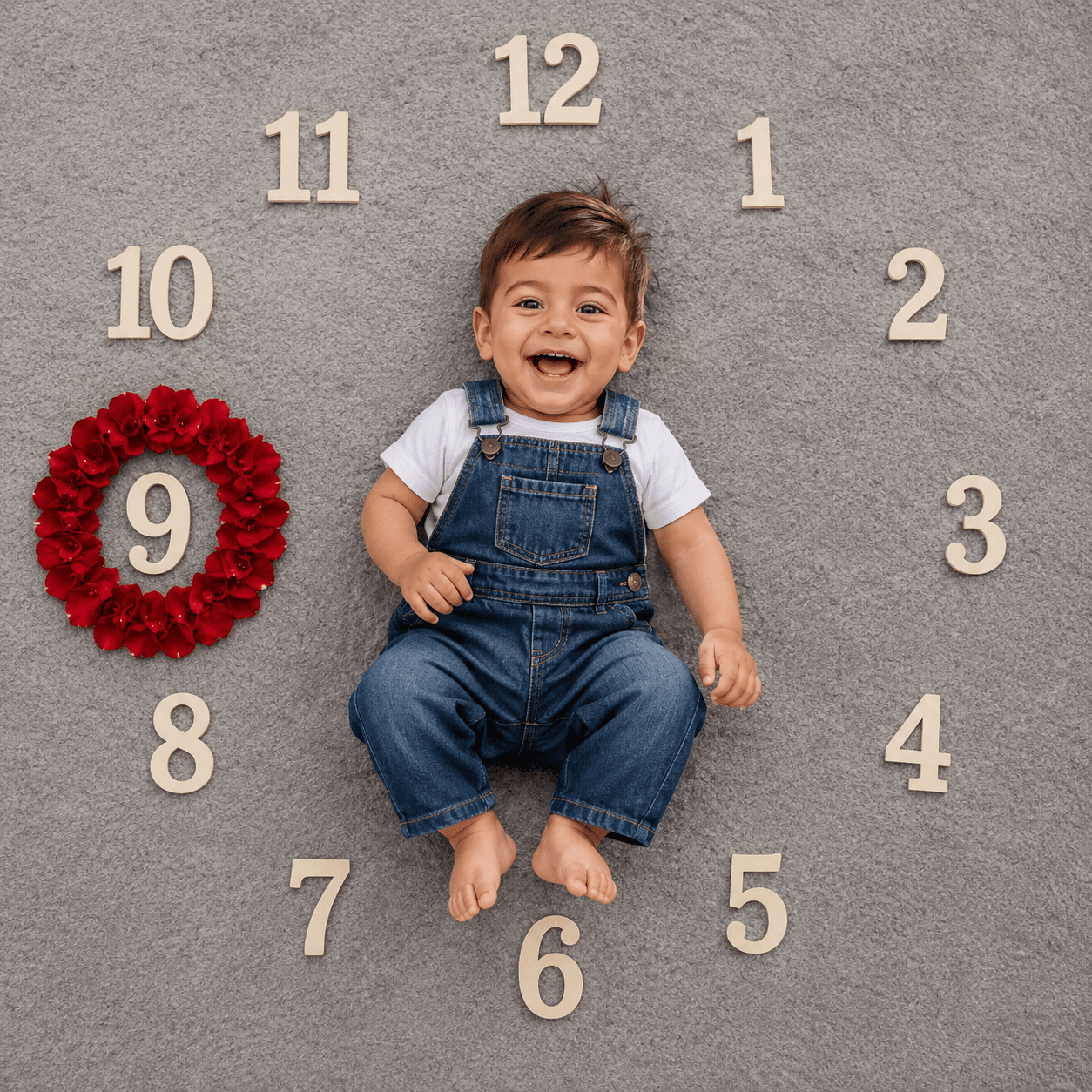 9 Month Baby Milestone Photoshoot Prompt | 8K Flat Lay Baby Boy Monthly Growth Photography