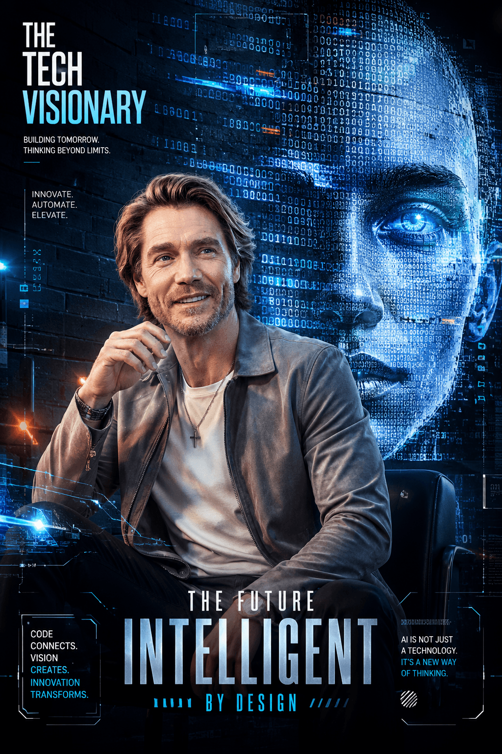 The Tech Visionary AI Poster Prompt | Futuristic Cinematic Editorial Technology Design | 8K Midjourney, ChatGPT & AI Image Generator Prompt