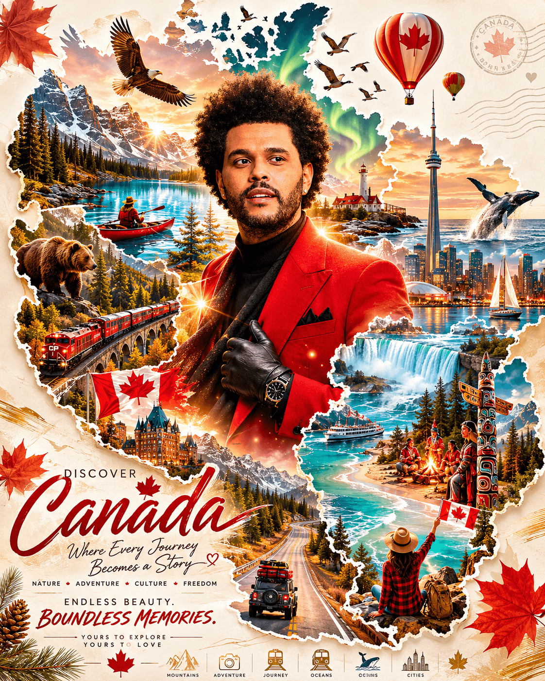 Canada Tourism Collage Map Poster Prompt | Luxury Travel Campaign AI Image Generator
