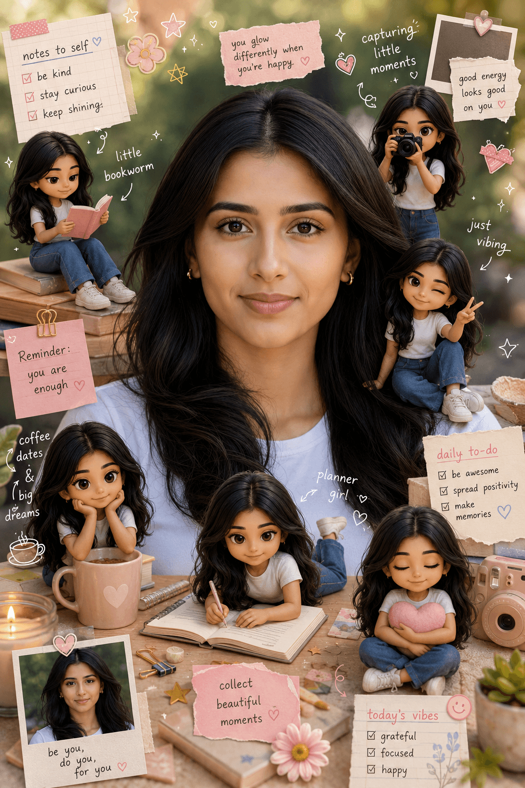 Cozy Scrapbook AI Photo Prompt | Mini Chibi Clone Aesthetic Portrait Edit for Midjourney & ChatGPT