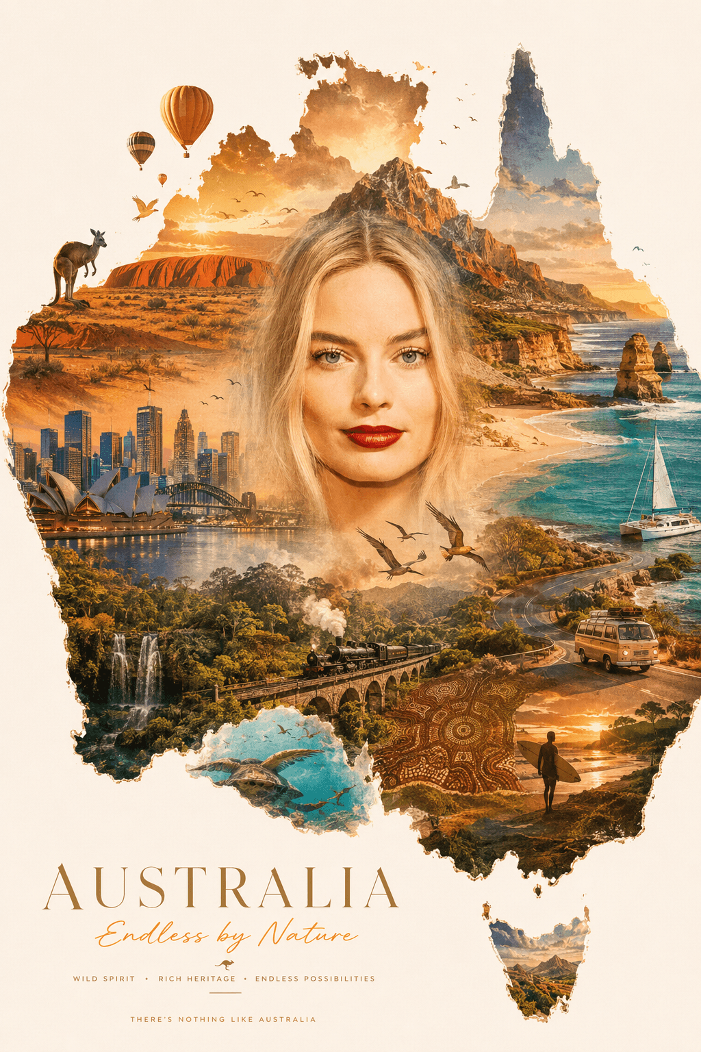 Australia Tourism Collage Map Poster Prompt | Luxury Travel Campaign AI Image Generator