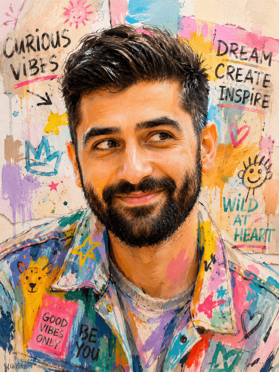 Vibrant Pop-Art Portrait Prompt with Watercolor, Gouache, and Graphite Techniques