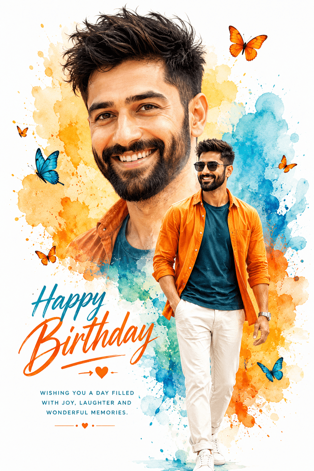 Creative Watercolor Splash Birthday Poster Prompt | Double Exposure Male Portrait with Butterflies & Vibrant Colors