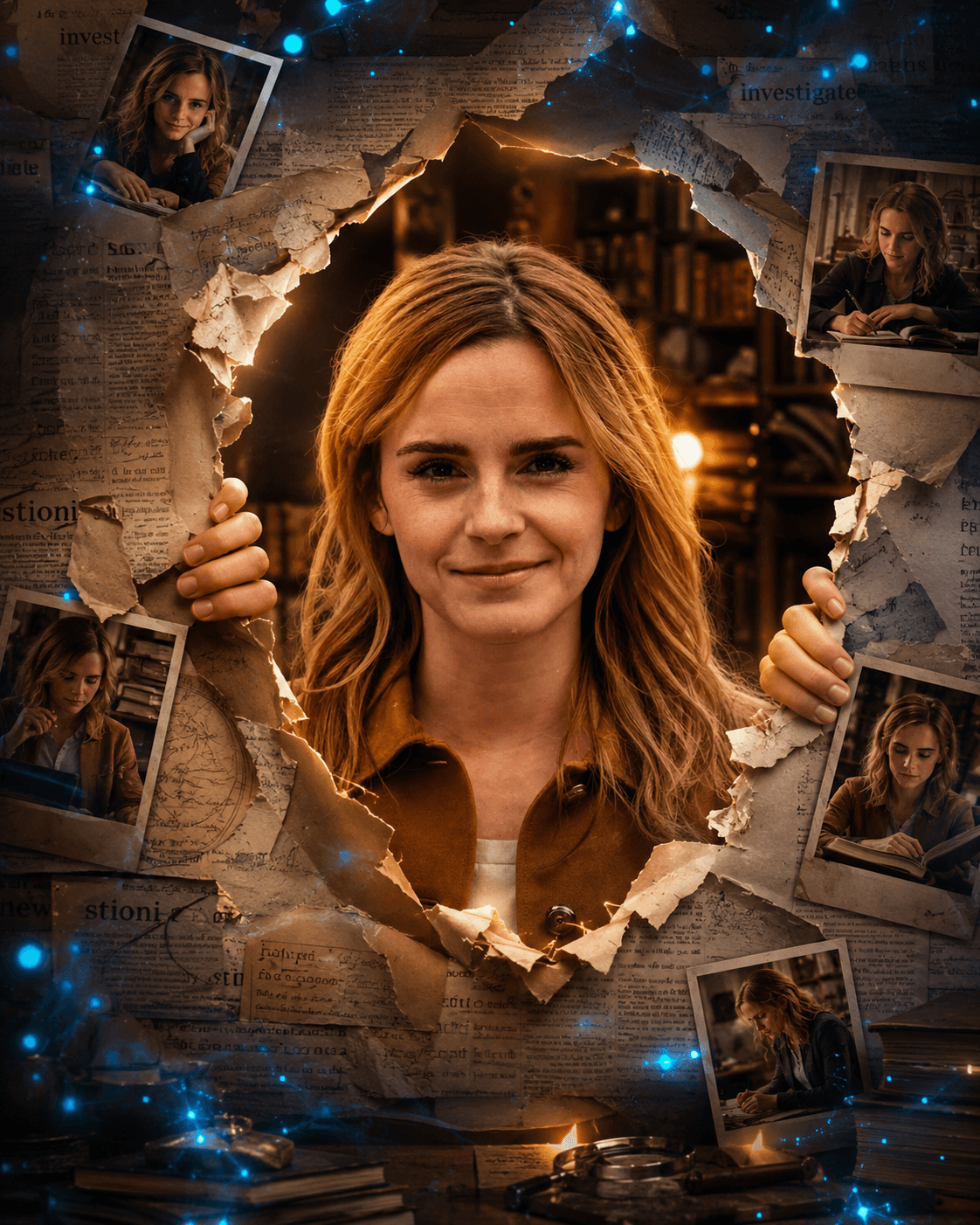Ultra-Realistic Detective Library Portrait Prompt | Cinematic Torn Paper Photo Effect