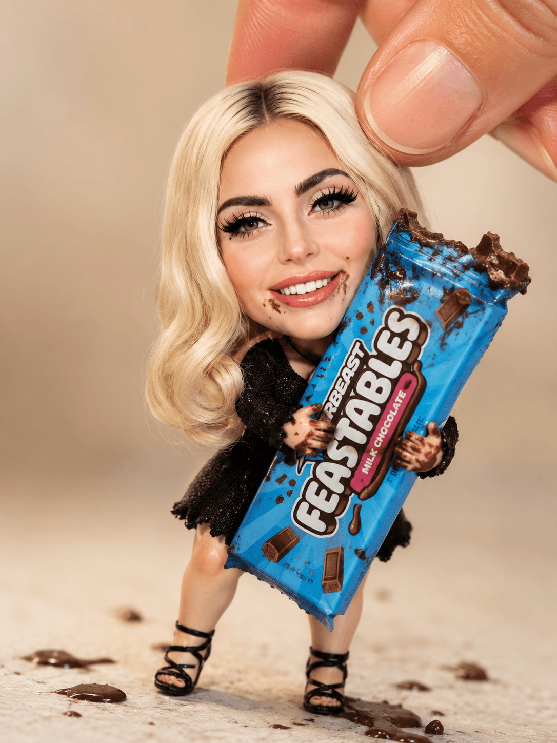 Premium Collectible Doll Holding Feastables Chocolate Bar AI Prompt | Hyper-Realistic Miniature Toy Photography