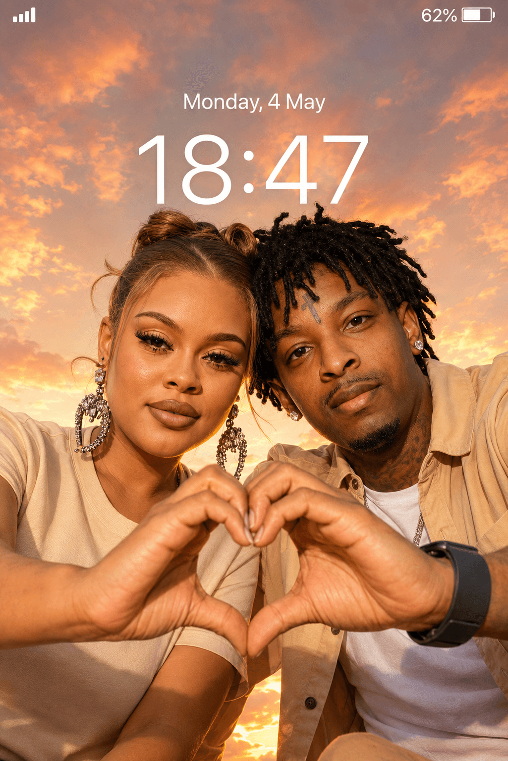 Realistic Couple Sunset Selfie Lockscreen Prompt | Heart Hands Pose | Cinematic Golden Hour AI Photo