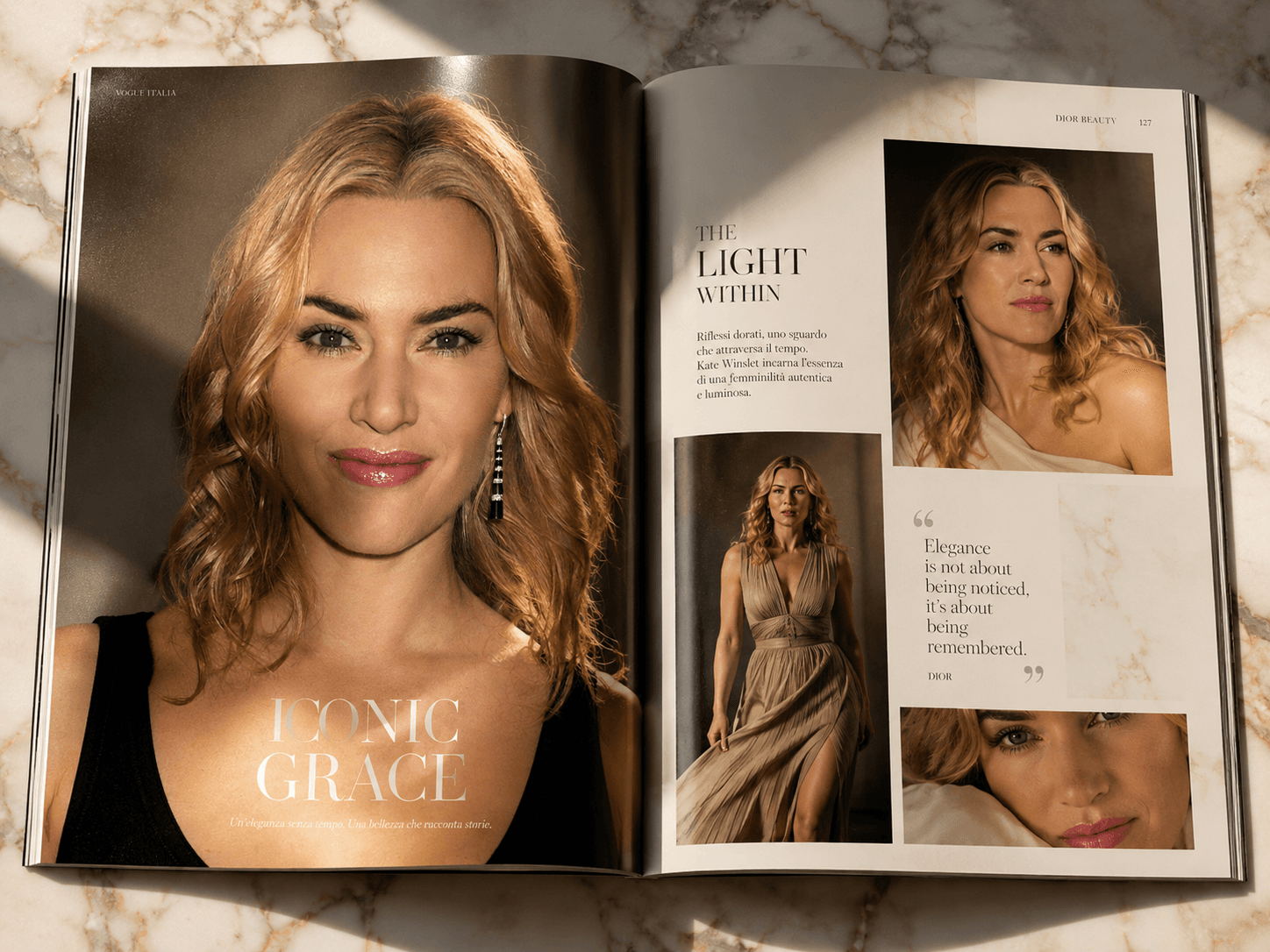 Luxury Fashion Magazine Mockup Prompt | Vogue Editorial Layout with Open Magazine, Marble Table & Cinematic Lighting