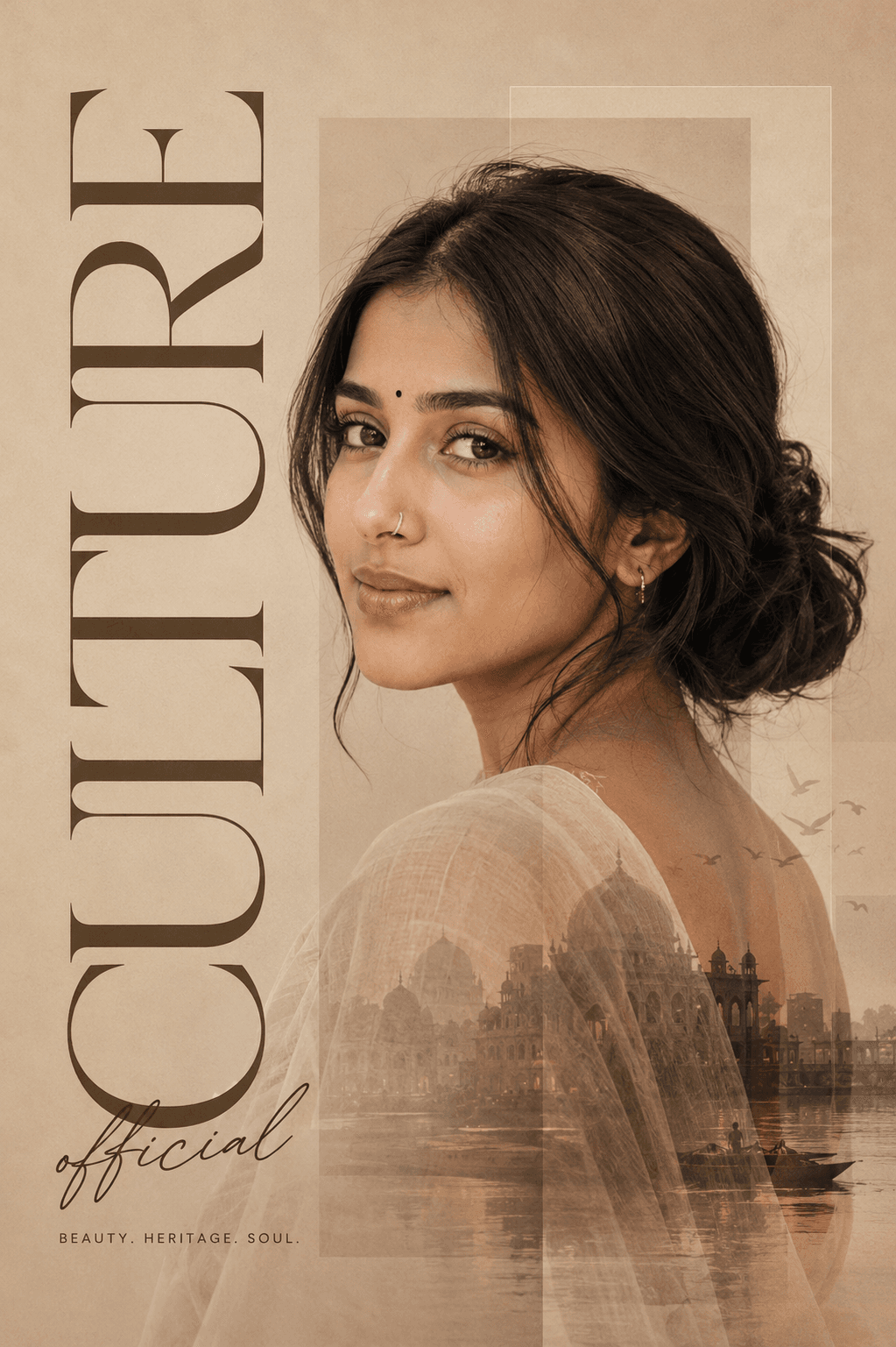 Beautiful Indian Woman Double Exposure Editorial Poster Prompt | Beige Aesthetic Magazine Cover AI Prompt