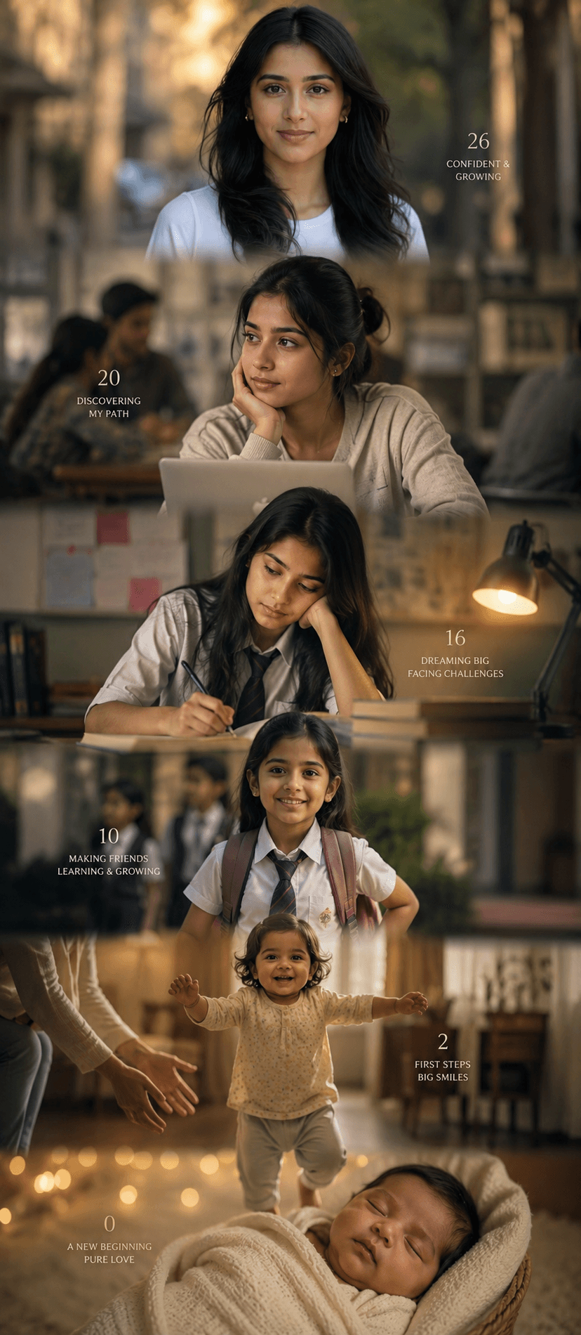 Ultra Realistic Life Growth Timeline Prompt | Indian Girl Age Progression Cinematic Portrait AI Prompt
