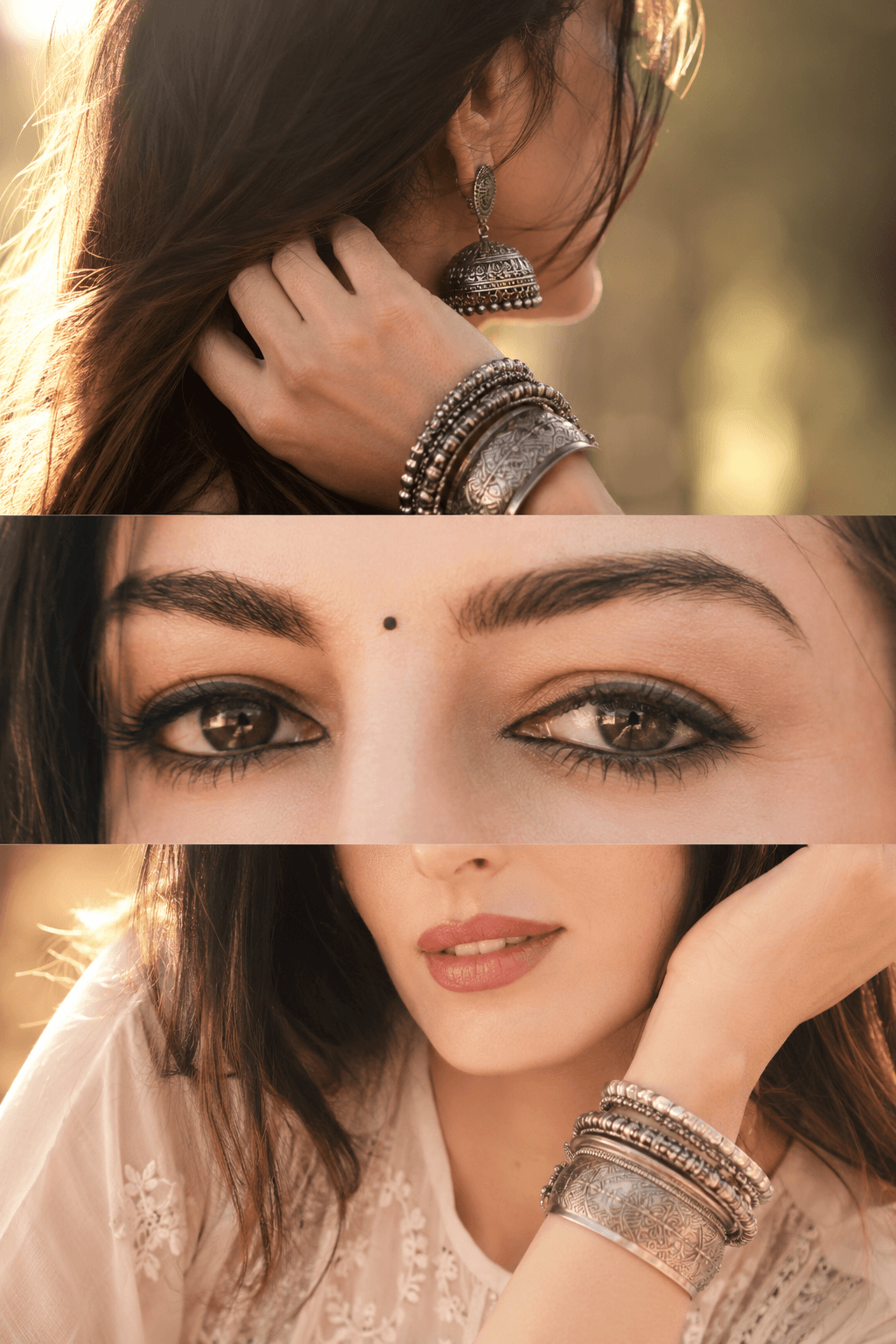Ultra Realistic 3-Panel Portrait Collage AI Prompt | Identity Preserving Face Reference | DSLR Macro Eyes | Golden Hour | Midjourney, ChatGPT & AI Image Generator