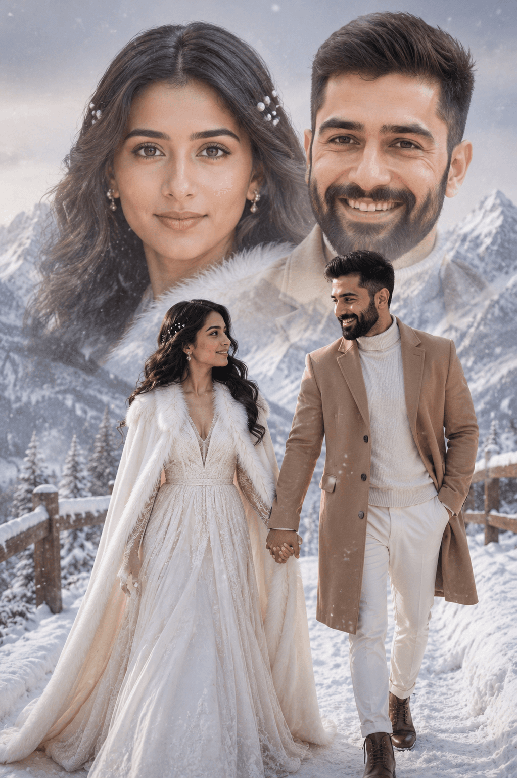 Dreamy Double Exposure Snowy Mountain Couple AI Prompt | Cinematic Winter Portrait preview 2