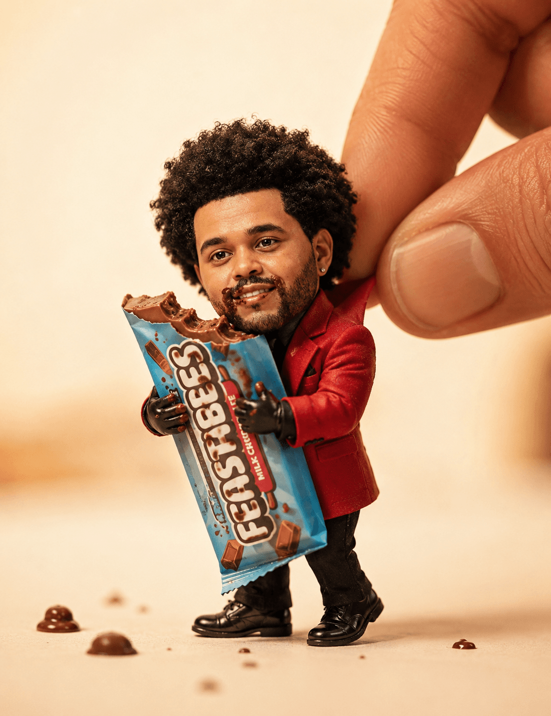 Ultra-Realistic Collectible Doll AI Prompt | Tiny Chocolate Lover Diorama with Giant Finger Macro Scene