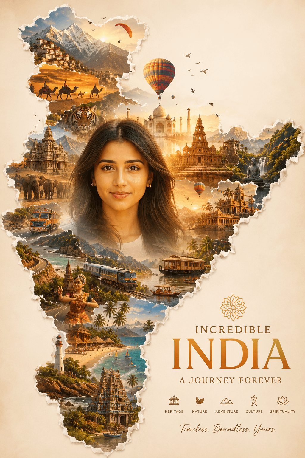 Incredible India Tourism Poster Prompt | Luxury India Map Collage with Woman Portrait | AI Travel Poster Generator