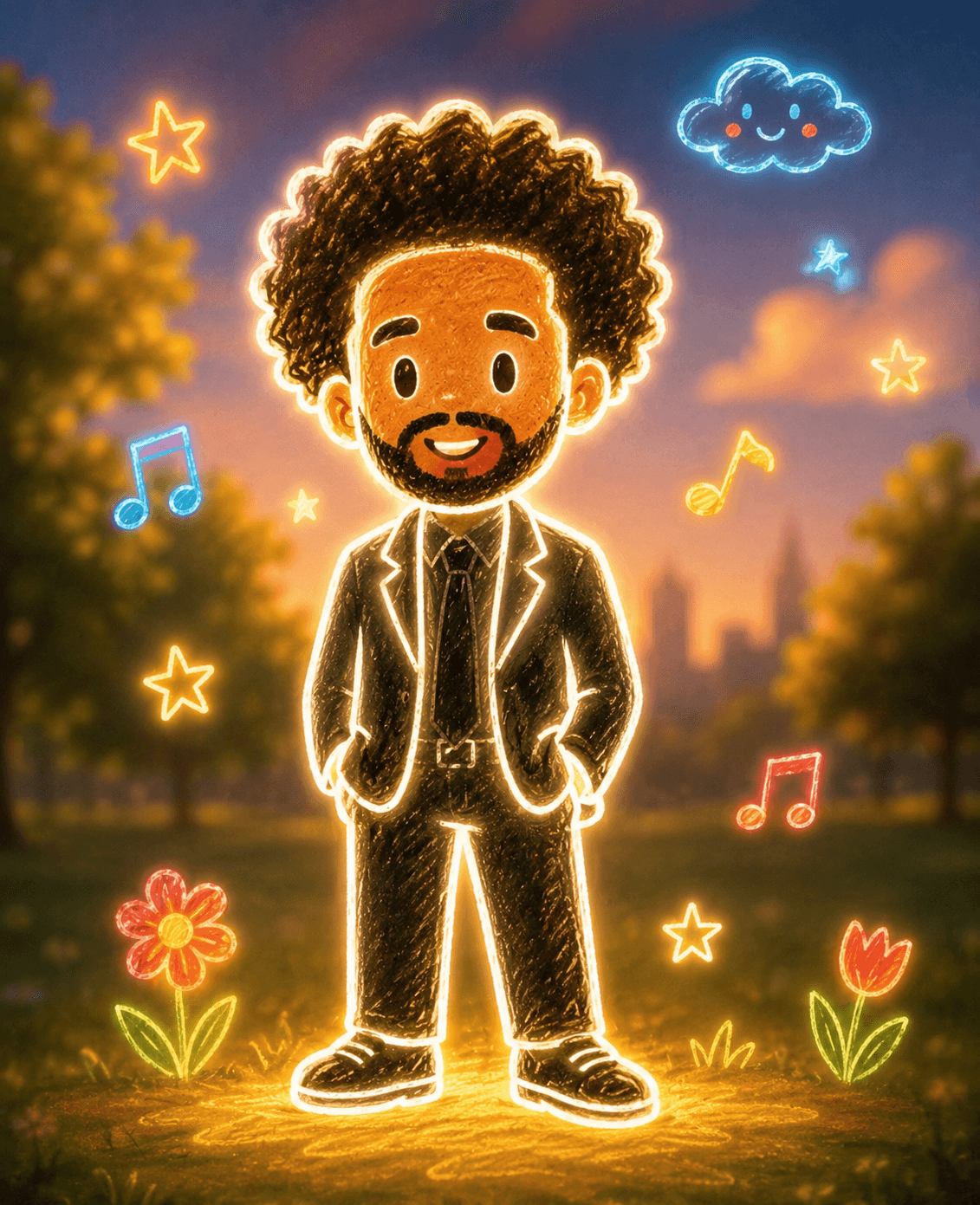 Cute Cartoon Character Prompt – Minimalist Kids Illustration with Neon Glow & Whimsical Elements